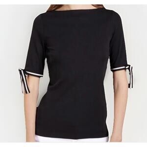 LAUREN RALPH LAUREN XL Black White Knit Cotton Blend Boat Neck Short Sleeve Bows